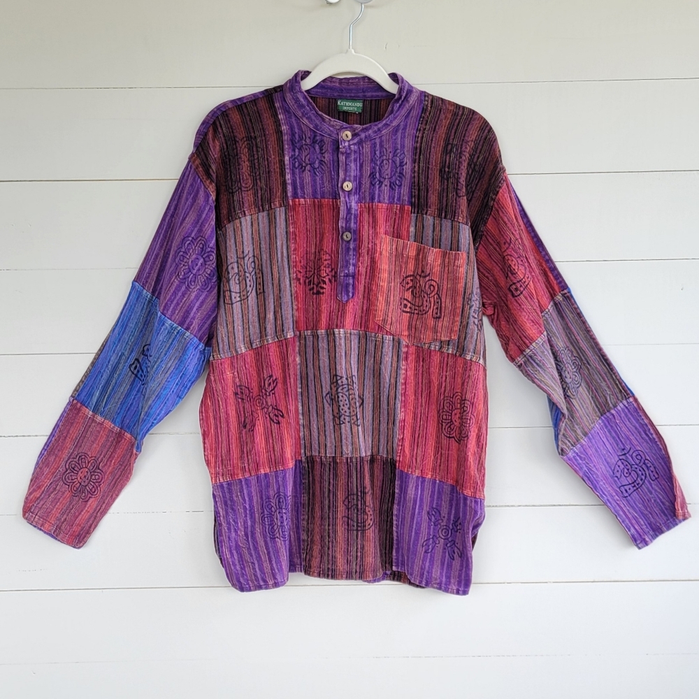 Kathmandu Imports Purple Multicolor Top, Shirt, Block Pattern, Cotton, Size L